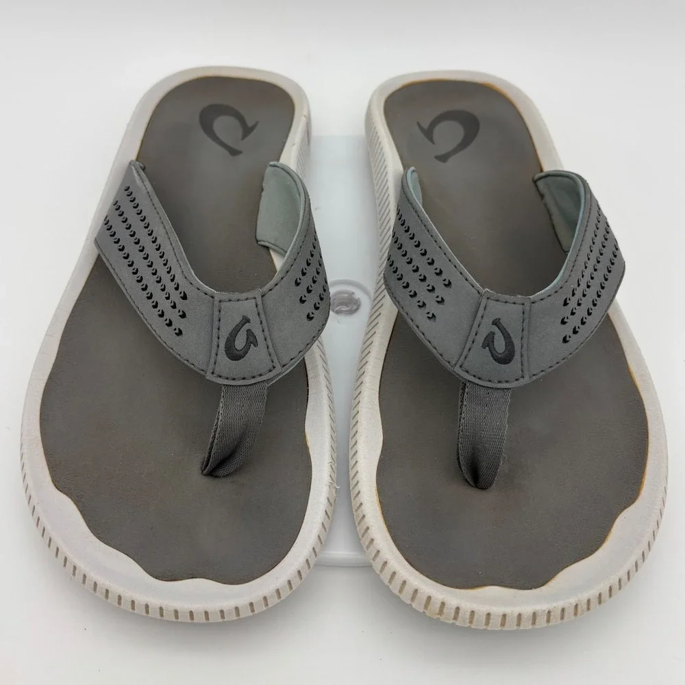 OLUKAI Ulele Mens Flip Flop Sandal Shoe Thong Gray White Grey Beach Stone 9